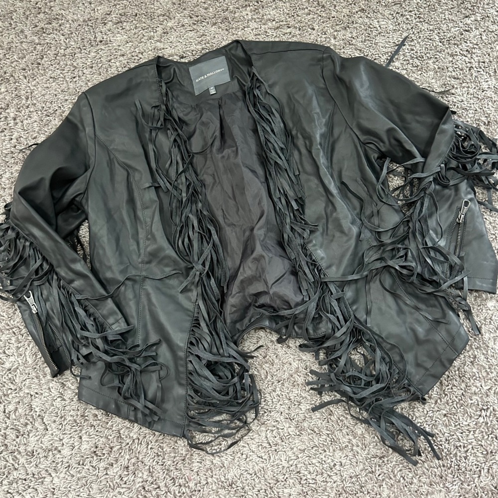Kate & Mallory Black Faux Leather Fringe Jacket Women's Size M Motorcycle Biker